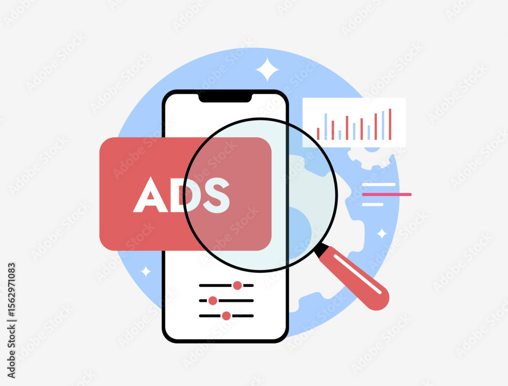 Poster mobile advertising analysis with magnifying glass and performance data. ad analytics and programmati