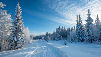 Obraz premium Snowy path through a winter forest under a partly cloudy blue sky