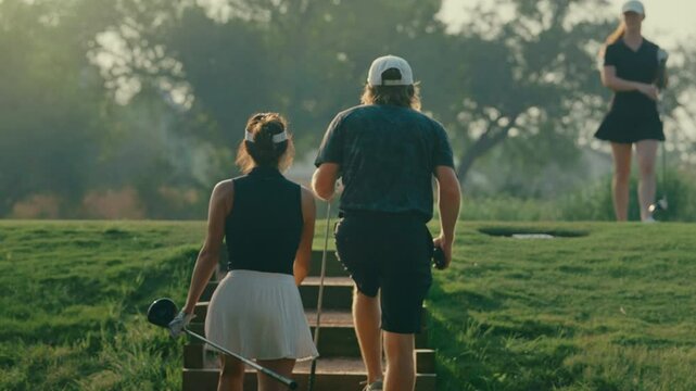Couple walks slowly upstairs to the tee box in golden hour light after their playing partner hits a drive in the background. A cinematic moment capturing course atmosphere and relaxed game flow.