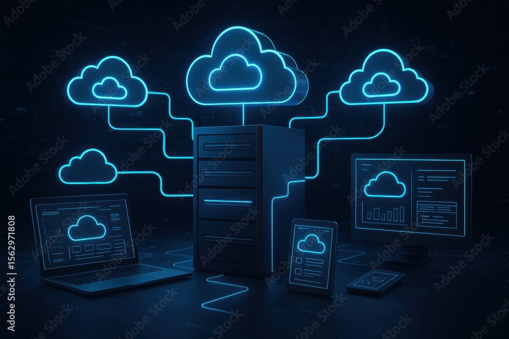 Fototapete Cloud Network Integration: This image illustrates the seamless connectivity and powerful data management within a modern cloud network.