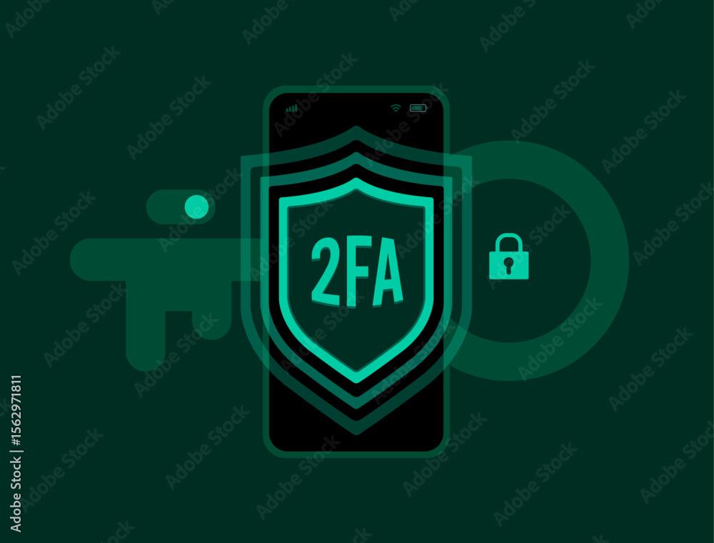 Poster two factor authentication mobile screen with shield icon and security lock login protection. 2fa cyb