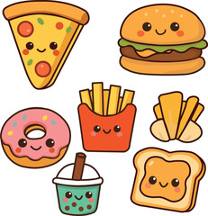 Cute Kawaii Fast Food Icons Set 