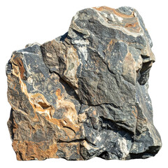 Close-up of a large, rugged, textured natural rock stone with diverse colors and patterns, isolated on a white background for geological, environmental, or outdoor themes