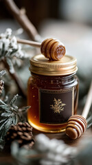 Rustic jar of artisan honey with dipper amidst natural accents in cozy setting