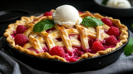 Delicious raspberry pie with ice cream topping and mint garnish National Raspberry Cream Pie Day