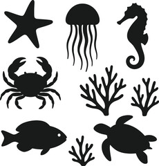 Underwater Sea Creature Silhouettes – Black EPS Vector Ocean Life Set