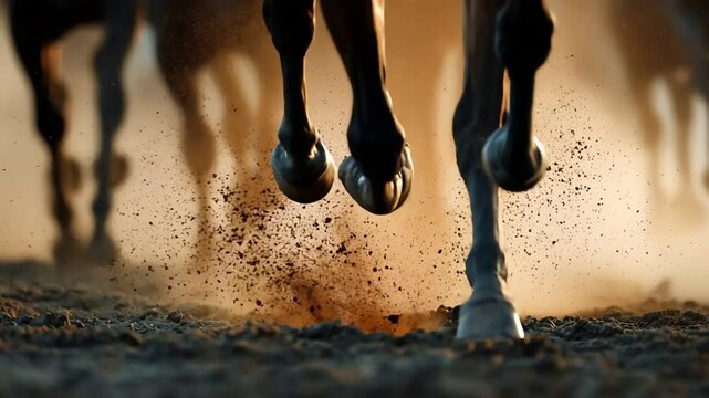 Horses Galloping Through Dust in Sunlit Environment During Golden Hour
