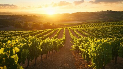 Fototapeta premium Albariño Day. Sunlit vineyard landscape with rolling hills at sunset
