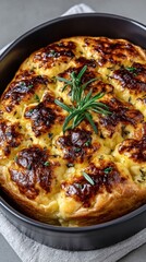 Braham Pie Day. Golden cheese souffl&eacute; with fresh rosemary in round baking dish