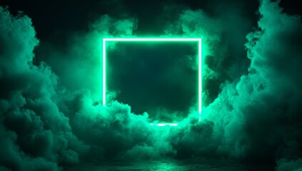 Neon green square frame in smoky dark room