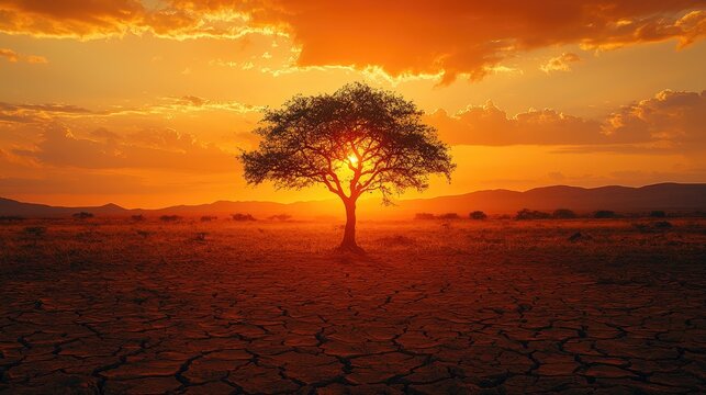 Single tree silhouetted against a vibrant sunset over a cracked earth landscape.