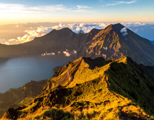 Fototapeta premium A breathtaking sunrise over Mount Rinjani, with soft golden light illuminating the volcanic peak, clouds floating below, and the Segara Anak crater lake glowing with turquoise water.
