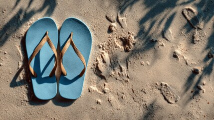 a pair of blue flip-flops on pale beach sand