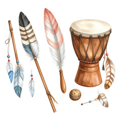Collection of Native American Style Accessories Featu Feathers, Drum, and Traditional Decorative Items for Cultural and Artistic Displays