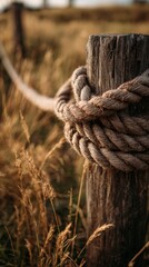 close-up of a weathered rope tied around a wooden fence post