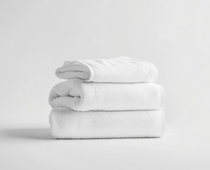 Stacked white towels on plain white background