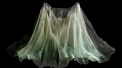 Ghostly bridal veil floating in a sage-green void, edges frayed into geometric pixels