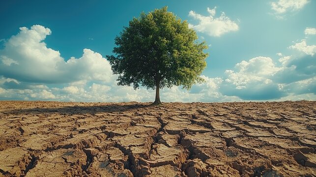 Lone tree on cracked earth under a vibrant sky.