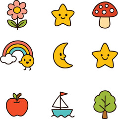 Collection of cute cartoon icons featuring a flower stars mushroom rainbow moon apple boat and tree