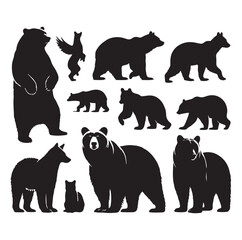 bear silhouettes vector, set of animals Brown grizzl Black vector