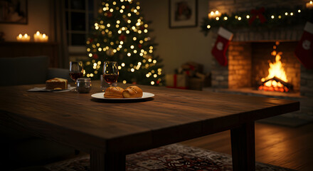 Cozy Christmas Eve Dinner: Warm Rustic Table Setting with Bread, Wine, and Festive Fireplace Background.