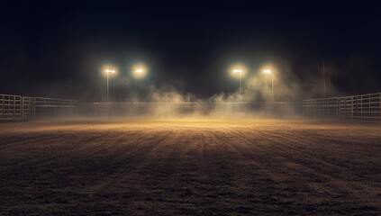 Empty rodeo arena at night, spotlights, dust, and stalls