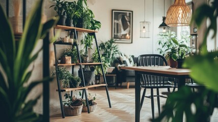 A plant-filled dining area with a wooden shelf.