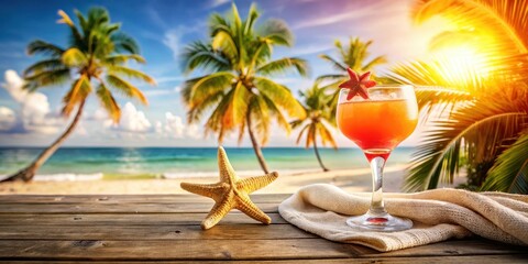 Obraz premium Tropical Beach Cocktail Scene A Refreshing Drink on Wooden Deck with Starfish and Towel, Idyllic Ocean View