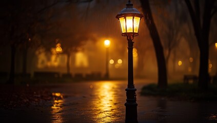Foggy park pathway illuminated by street lamp at night