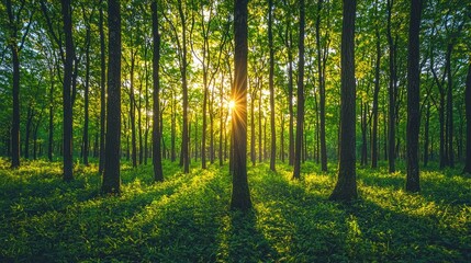 Obraz premium Forest clearing with sunlight, green floor