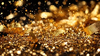 Glistening gold glitter and ribbon against a dark backdrop