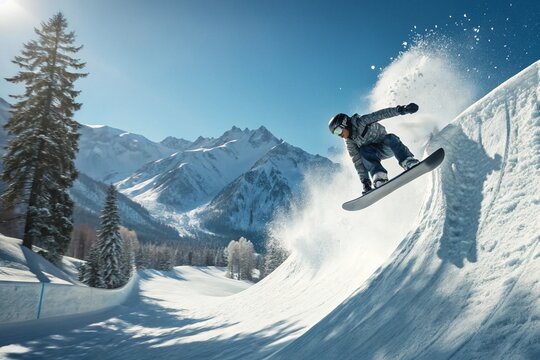 skier on a ski lift snowboarding halfpipe