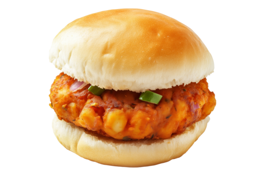 Crispy chicken sandwich Vada pav with red onions, herbs, and soft bun isolated on a white transparent background, concept of fast food meal