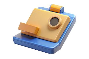 Stylized 3d render of a vintage camera with a blue base and yellow body isolated on transparent background