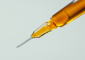 Close-up of amber liquid vial tip, laboratory setting