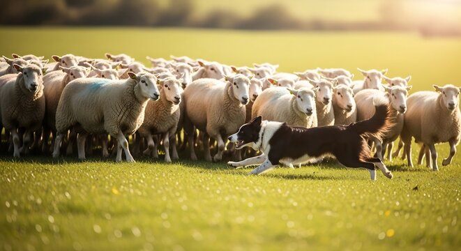 A Border Collie herding a large flock of sheep across a grassy field at sunset.