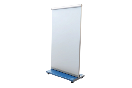 Blank white roll up banner stand with blue base isolated on transparent background - Powered by Adobe