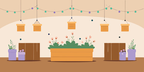 A cozy room interior with a shop window displaying flowers and plants, blending the charm of nature with comfortable home decor