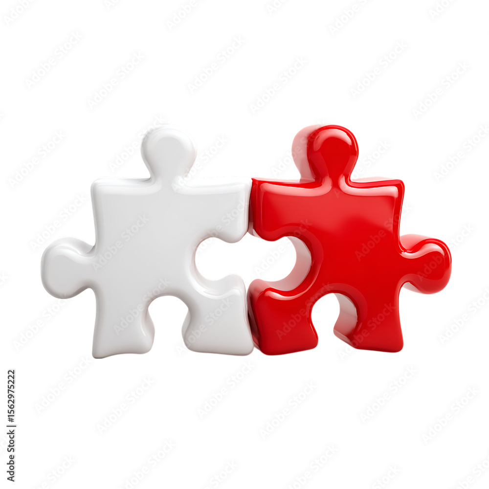 Fototapete two 3d puzzle pieces one white and one red fitting together on transparent background isolated on tr