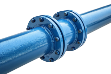 Close up of a blue industrial pipe with a bolted flange connection isolated on transparent background