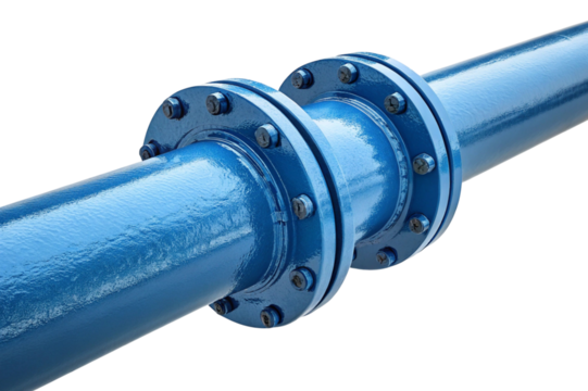 Close up of a blue industrial pipe with a bolted flange connection isolated on transparent background