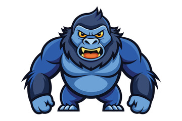 Cartoon blue gorilla with angry yellow eyes shows its teeth menacingly while standing