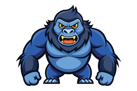 Cartoon blue gorilla with angry yellow eyes shows its teeth menacingly while standing