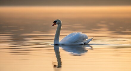 Fototapeta premium A graceful white swan swims peacefully on calm water, reflecting the warm golden light of sunrise or sunset.