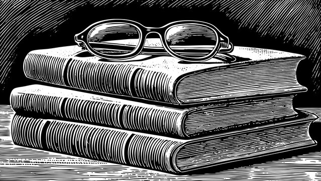 set of books stacked with a pair of glasses, perfect for educational platforms, libraries or writer branding a black and white line art illustration
