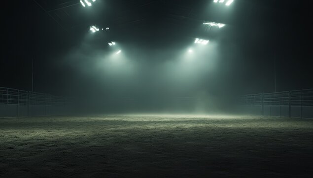 Empty arena at night, foggy, spotlights, horse racing