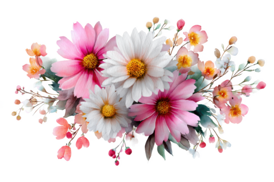 Elegant pink and red roses with green leaves isolated on transparent background