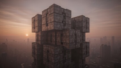 Futuristic cityscape at sunrise with a modular skyscraper.