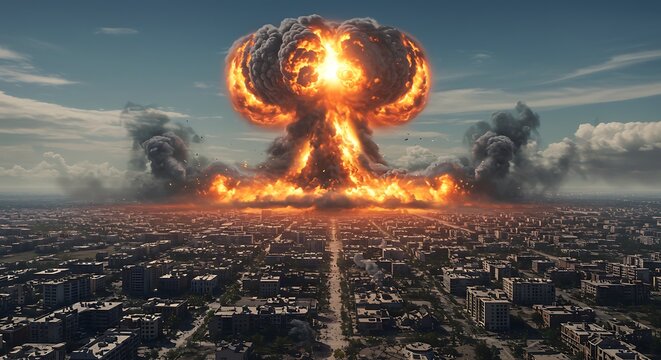 A massive mushroom cloud erupts over a city, symbolizing destruction and devastation.