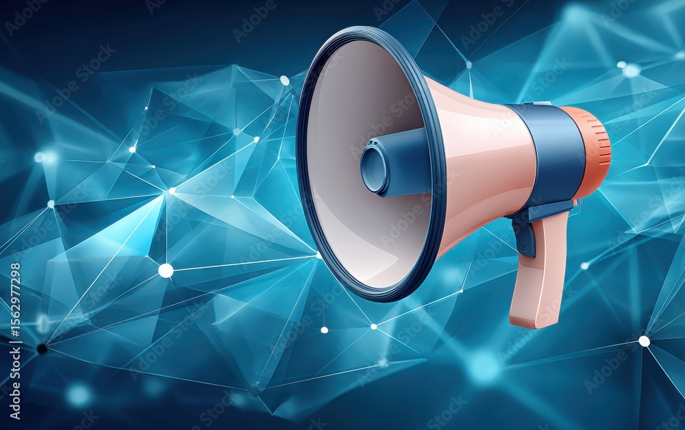 Poster blue megaphone floating in front of a digital abstract background